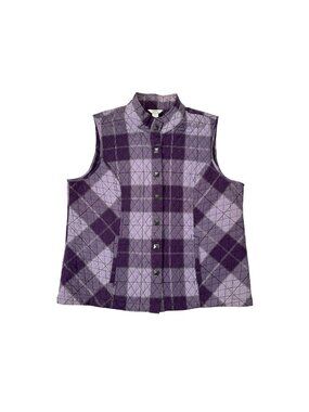 Christopher & Banks Womens XL Quilted Purple Plaid Vest Sleeveless Button Front